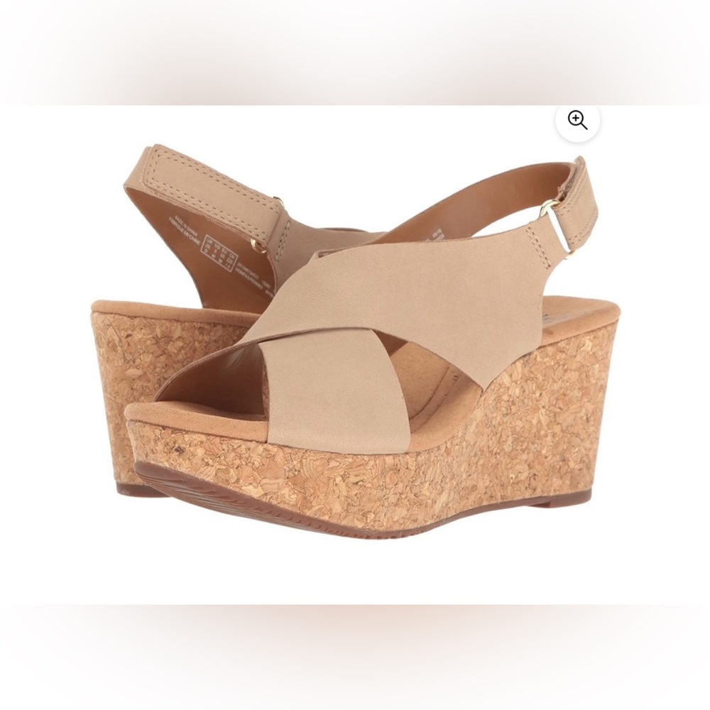 Clarks Sand Nubuck Leather Crisscross Wedge Sandal